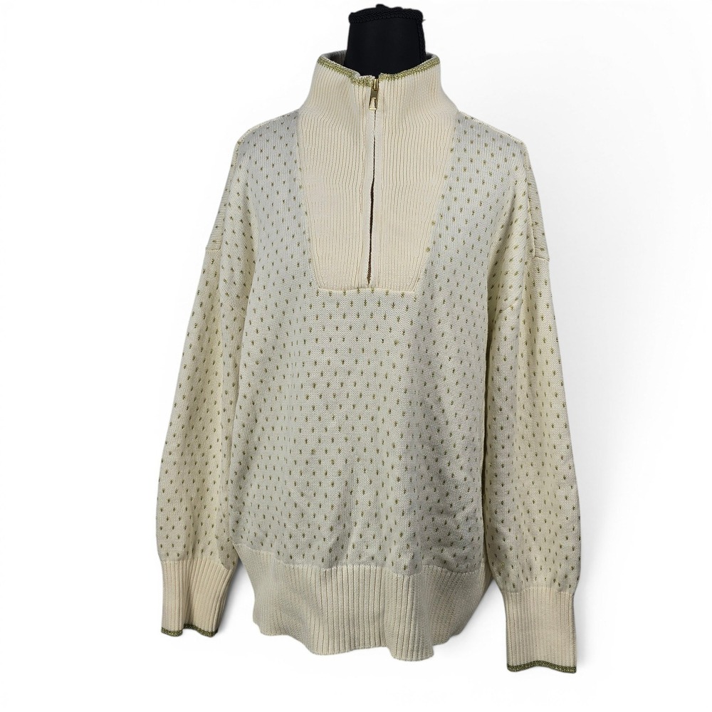 Lands End Women 1X Cream Gold Metallic Quarter Zip Cotton Blend Sweater Pullover